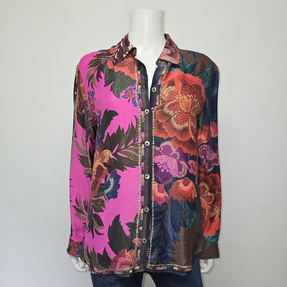 Farm Rio Blouse Shirt Floral Scarves Mixed Print Button Front Size S Viscose L/S